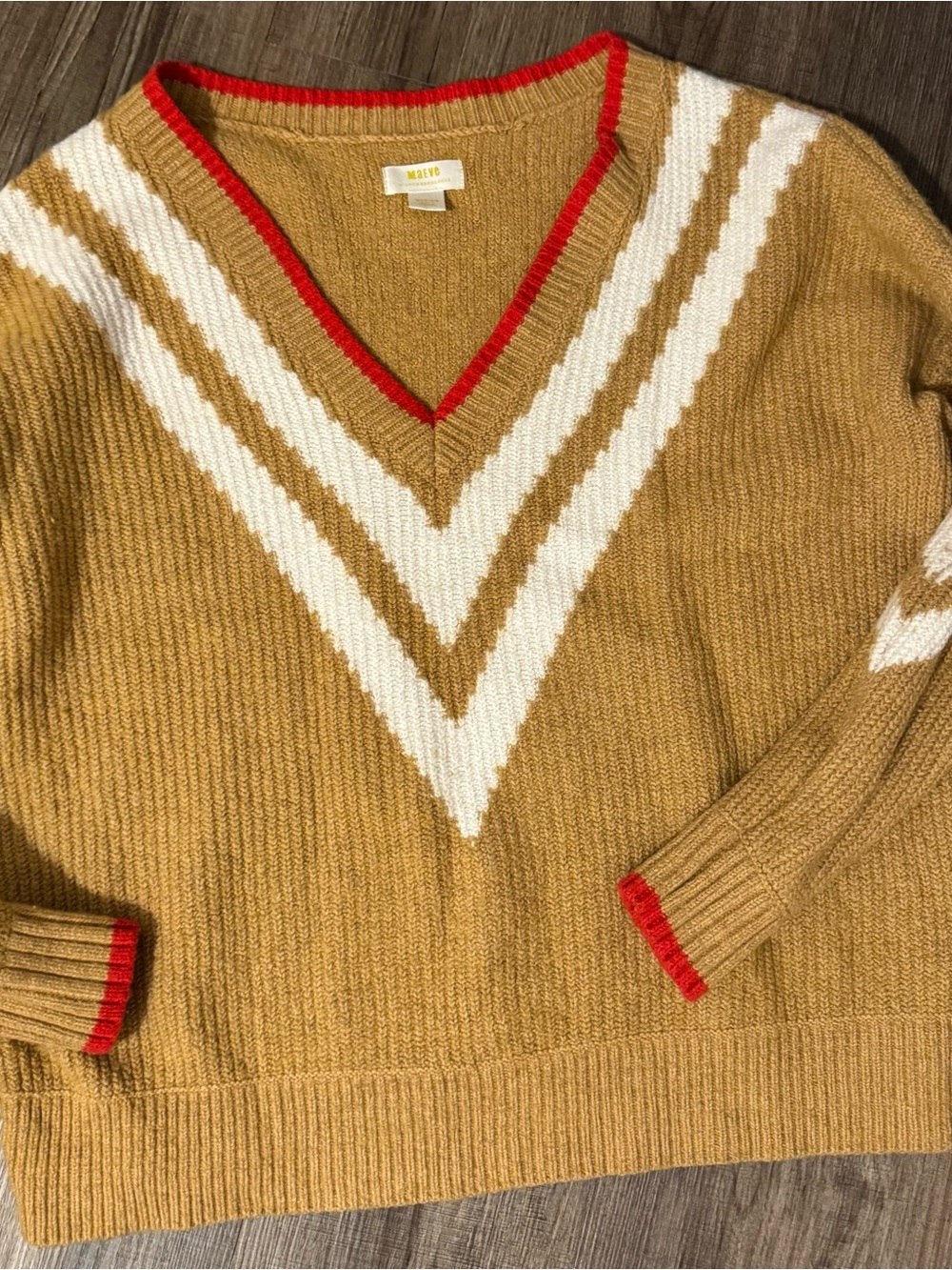 Maeve Anthropologie V Neck Sweater Medium Tan Red Trim